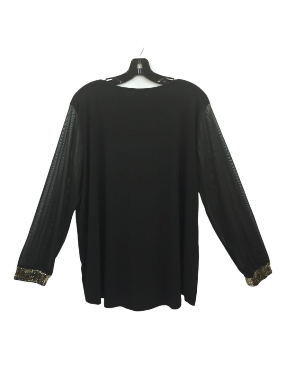 Anne Klein Black V-Neck Top Blouse Womens XL Sheer Mesh Long Sleeve Sequin Cuffs - Picture 2 of 16